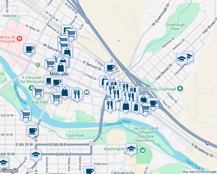 map of restaurants, bars, coffee shops, grocery stores, and more near 321 Madison Street in Missoula