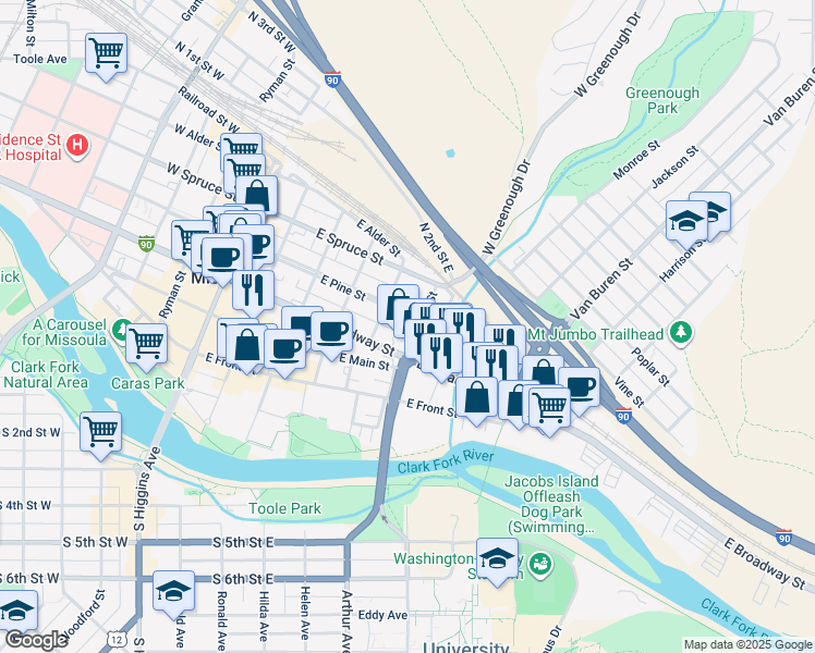 map of restaurants, bars, coffee shops, grocery stores, and more near 321 Madison Street in Missoula