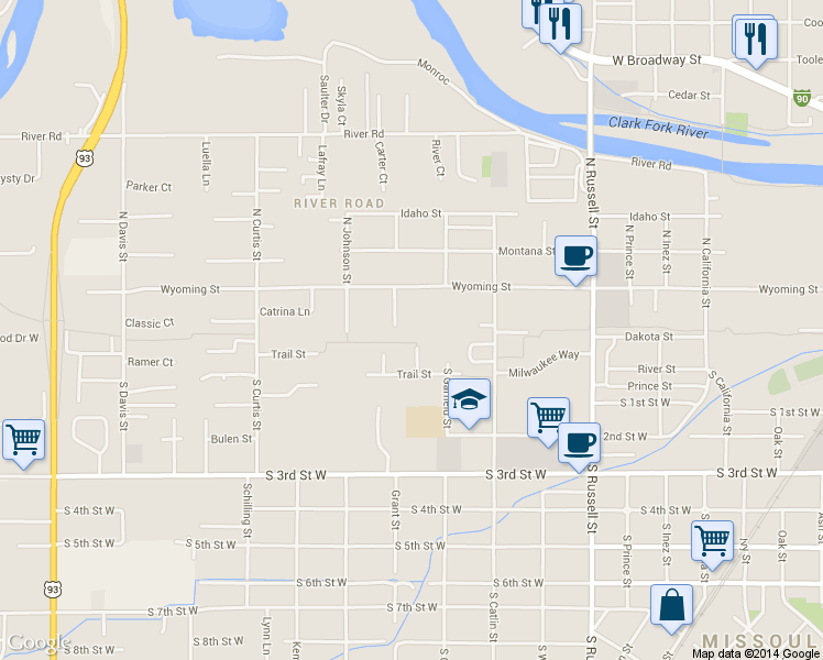 map of restaurants, bars, coffee shops, grocery stores, and more near 116 North Grant Street in Missoula