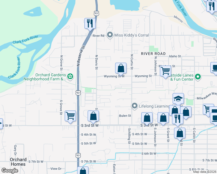 map of restaurants, bars, coffee shops, grocery stores, and more near 2327 Classic Court in Missoula