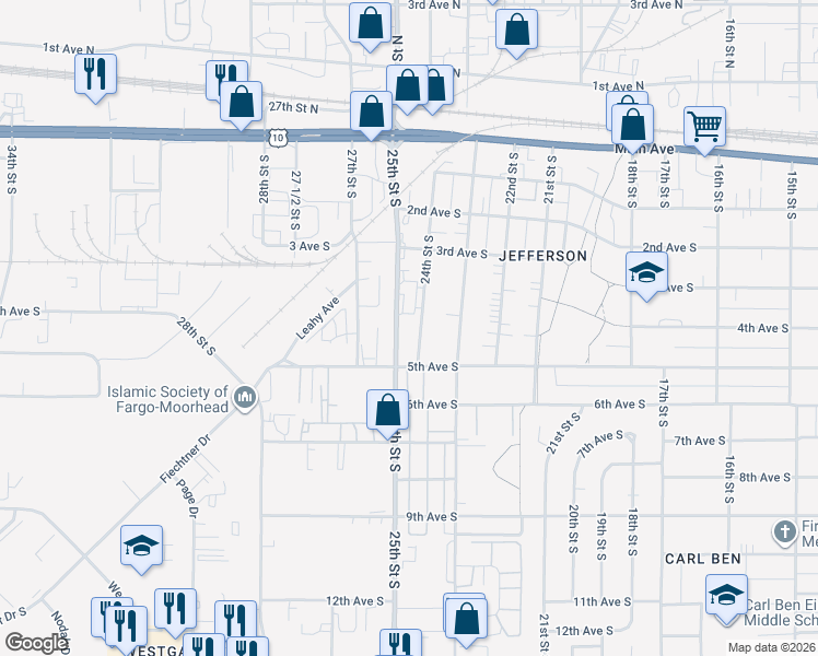 map of restaurants, bars, coffee shops, grocery stores, and more near 428 25th St S in Fargo