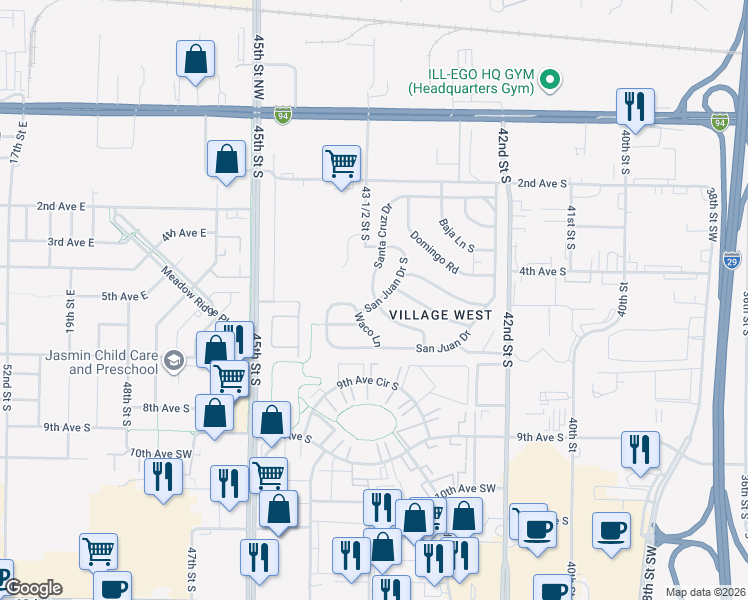map of restaurants, bars, coffee shops, grocery stores, and more near 4797 San Juan Drive South in Fargo