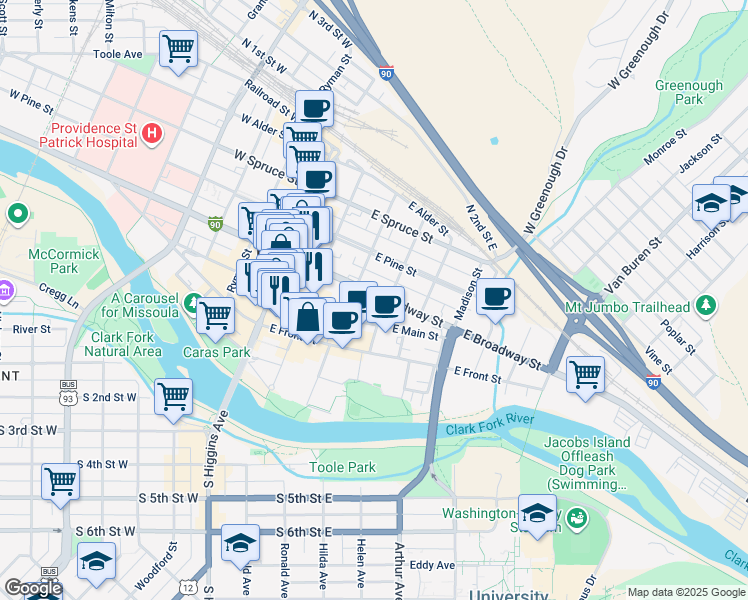 map of restaurants, bars, coffee shops, grocery stores, and more near 300 East Main Street in Missoula