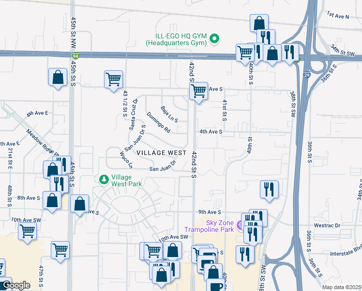 map of restaurants, bars, coffee shops, grocery stores, and more near 4420 Montego Avenue in Fargo