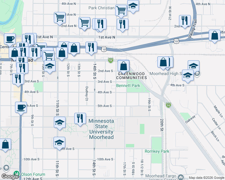 map of restaurants, bars, coffee shops, grocery stores, and more near 417 16th Street South in Moorhead