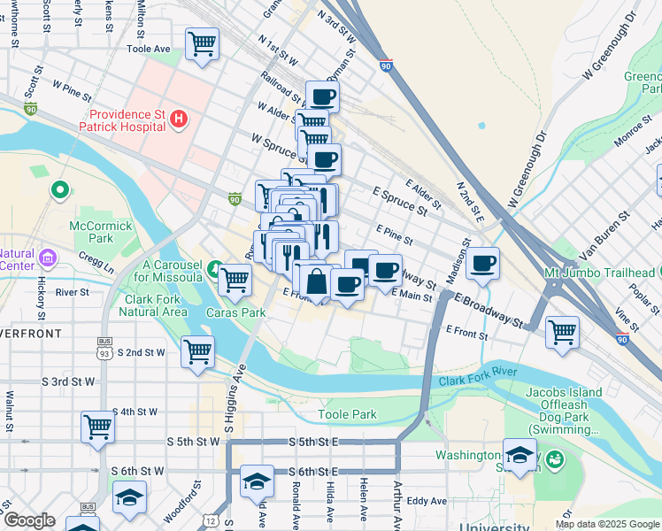 map of restaurants, bars, coffee shops, grocery stores, and more near 208 East Main Street in Missoula