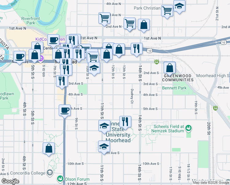 map of restaurants, bars, coffee shops, grocery stores, and more near 1211 4th Avenue South in Moorhead