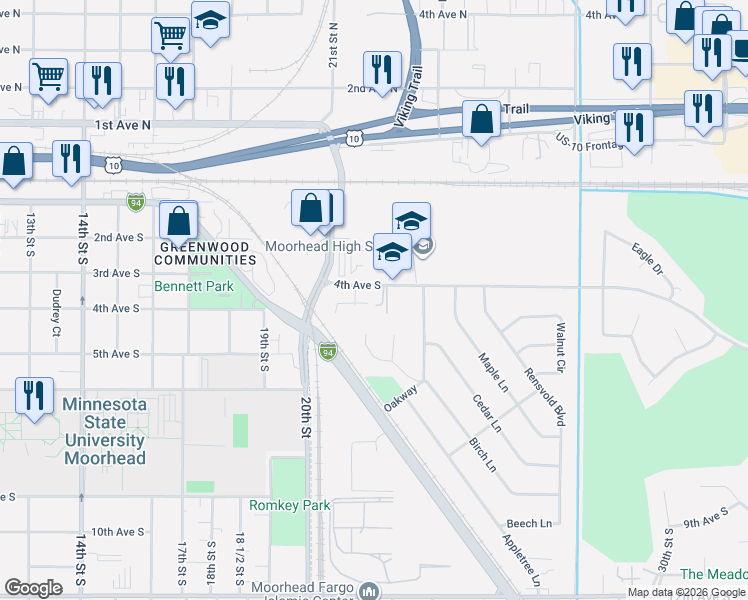 map of restaurants, bars, coffee shops, grocery stores, and more near 2217 4th Avenue South in Moorhead
