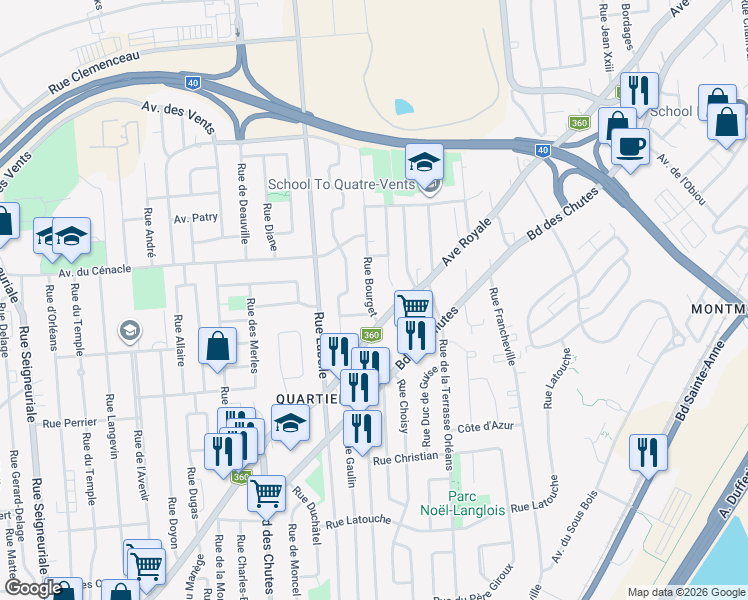 map of restaurants, bars, coffee shops, grocery stores, and more near 26 Rue Bourget in Quebec City