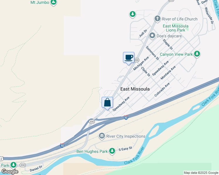 map of restaurants, bars, coffee shops, grocery stores, and more near 270 Jumbo Vista Way in Missoula