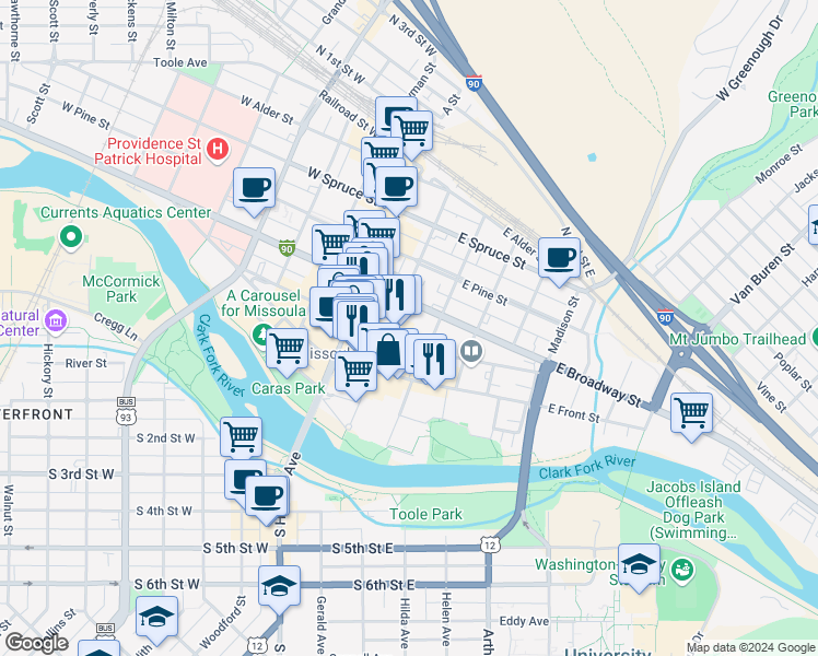 map of restaurants, bars, coffee shops, grocery stores, and more near 212 East Main Street in Missoula