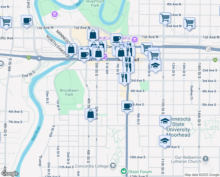 map of restaurants, bars, coffee shops, grocery stores, and more near 403 South 6th Street in Moorhead