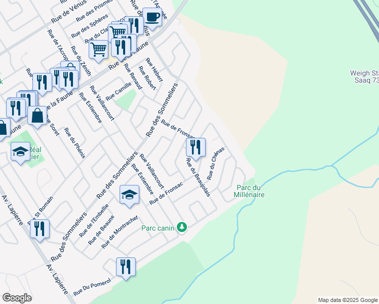 map of restaurants, bars, coffee shops, grocery stores, and more near 1271 Rue du Beaujolais in Quebec