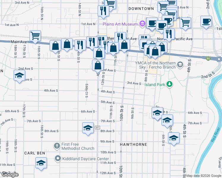 map of restaurants, bars, coffee shops, grocery stores, and more near 1104 4th Avenue South in Fargo