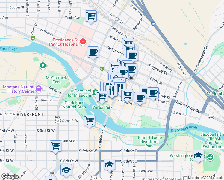 map of restaurants, bars, coffee shops, grocery stores, and more near 115 West Main Street in Missoula