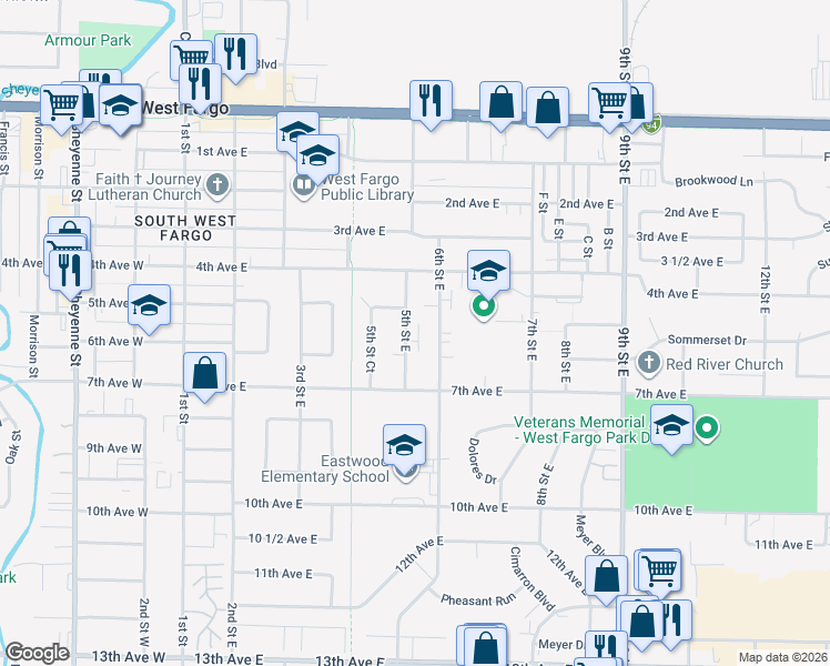 map of restaurants, bars, coffee shops, grocery stores, and more near 525 5th Street Northwest in West Fargo