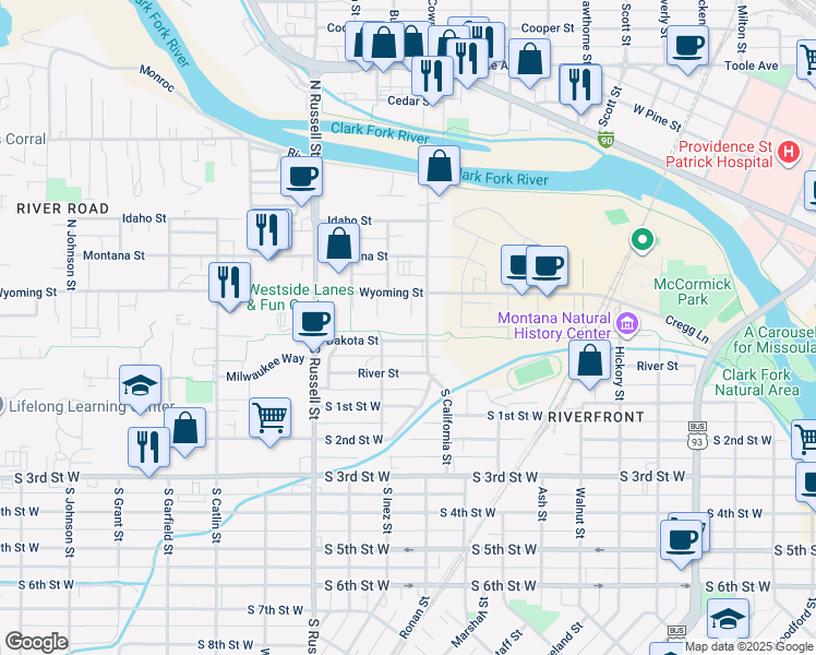 map of restaurants, bars, coffee shops, grocery stores, and more near 155 North California Street in Missoula
