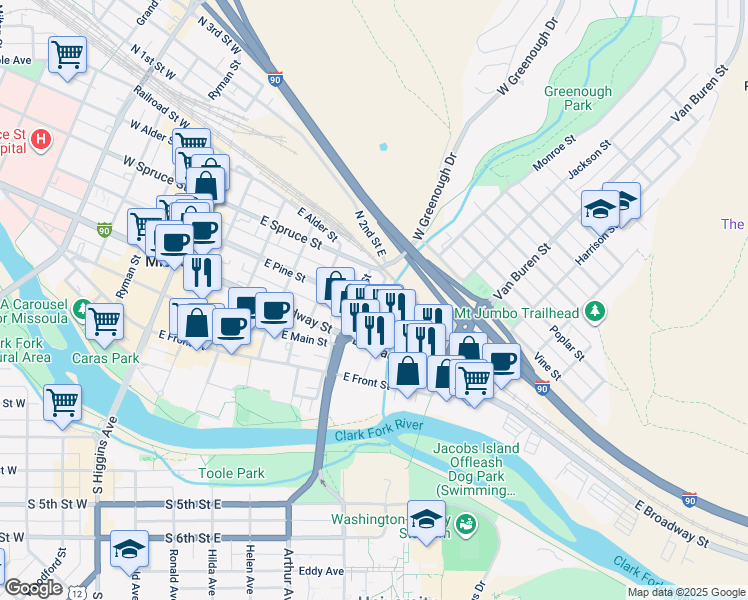 map of restaurants, bars, coffee shops, grocery stores, and more near 700 East Broadway Street in Missoula
