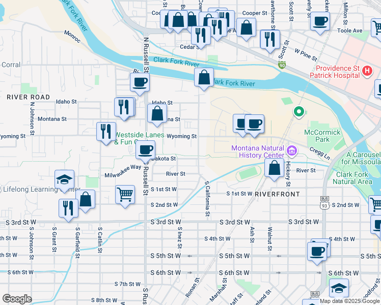 map of restaurants, bars, coffee shops, grocery stores, and more near 155 North California Street in Missoula