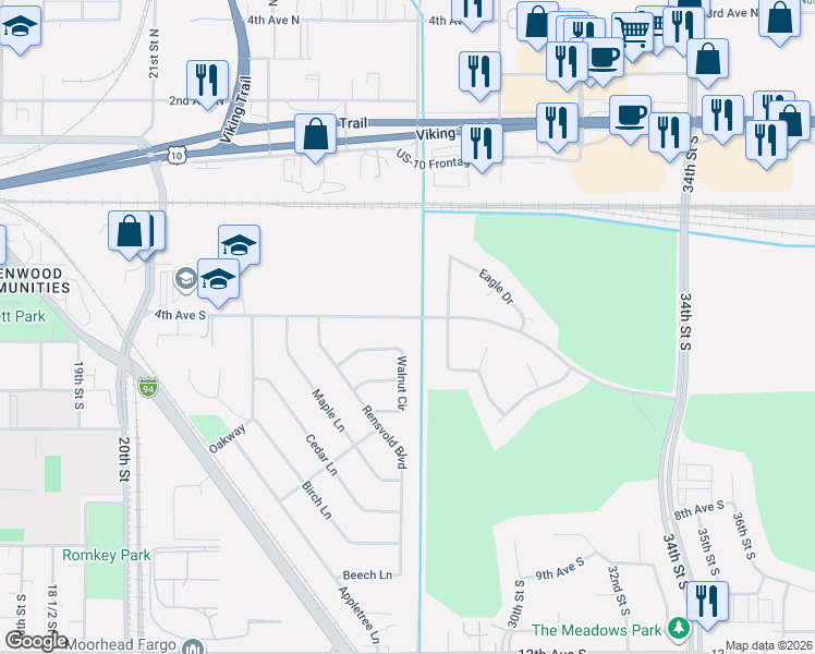 map of restaurants, bars, coffee shops, grocery stores, and more near 2712 Walnut Circle in Moorhead