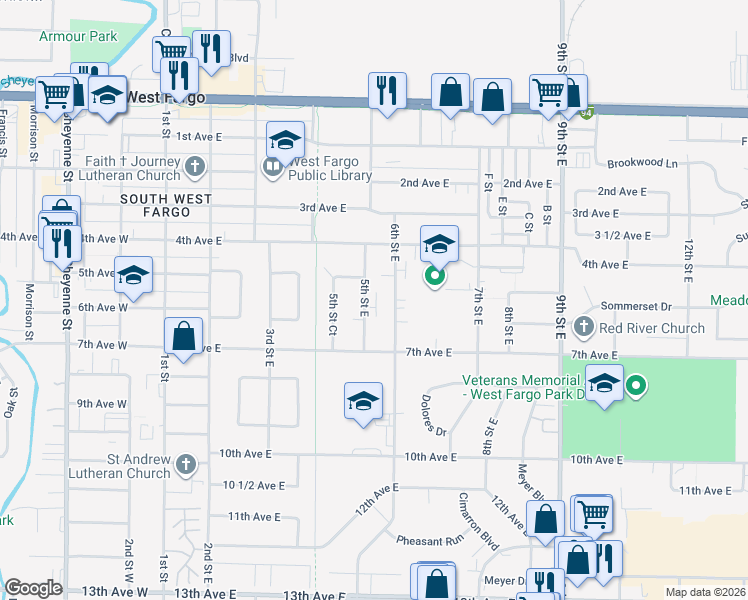 map of restaurants, bars, coffee shops, grocery stores, and more near 537 5th Street East in West Fargo
