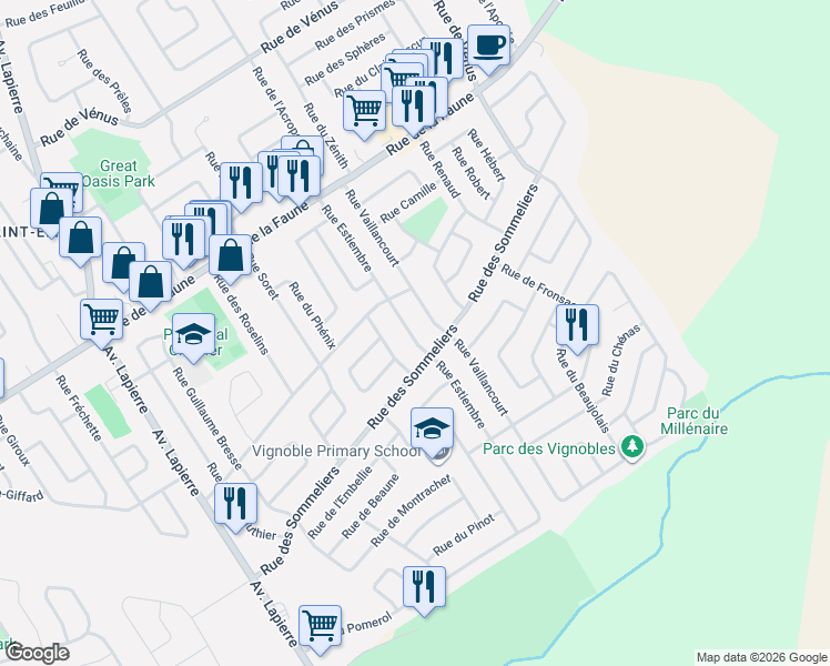 map of restaurants, bars, coffee shops, grocery stores, and more near 1415 Rue Estiembre in Québec