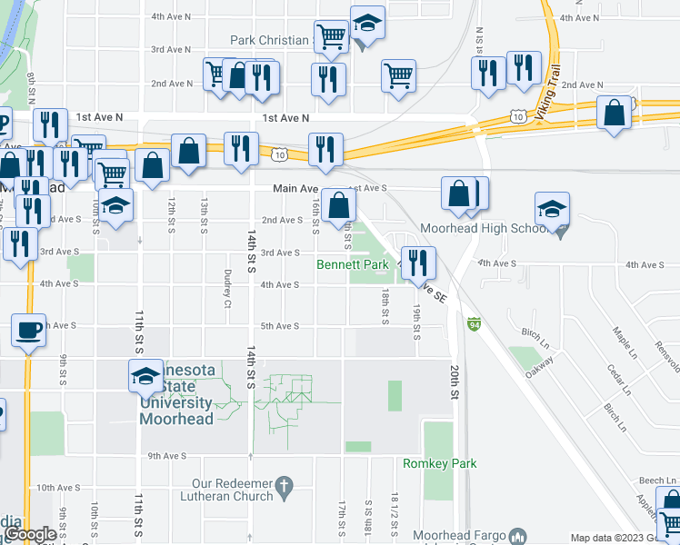 map of restaurants, bars, coffee shops, grocery stores, and more near 315 17th Street South in Moorhead