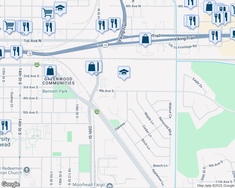 map of restaurants, bars, coffee shops, grocery stores, and more near 2315 4th Avenue South in Moorhead