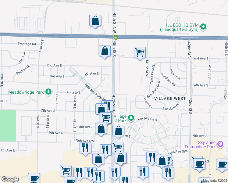 map of restaurants, bars, coffee shops, grocery stores, and more near 474 45th Street Southwest in Fargo