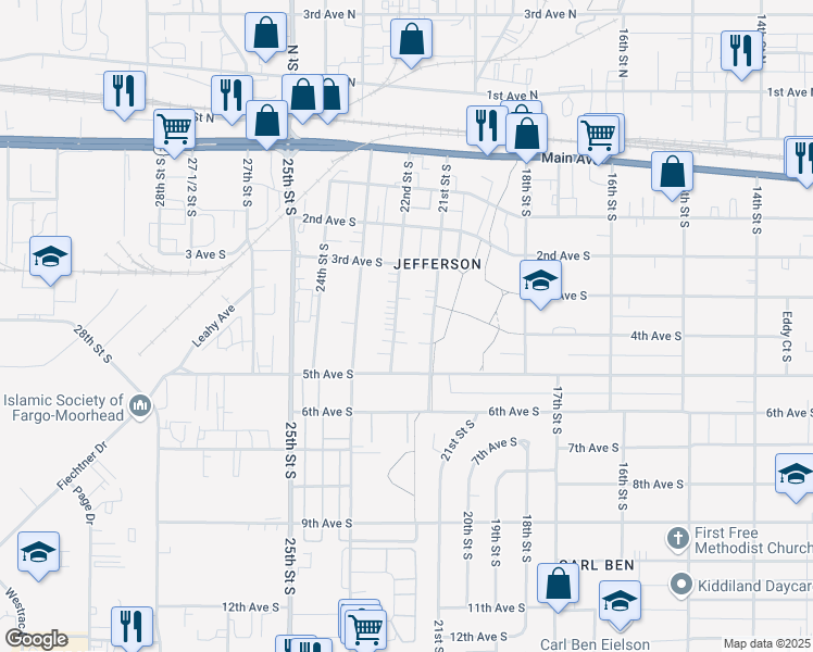 map of restaurants, bars, coffee shops, grocery stores, and more near 418 22nd Street South in Fargo