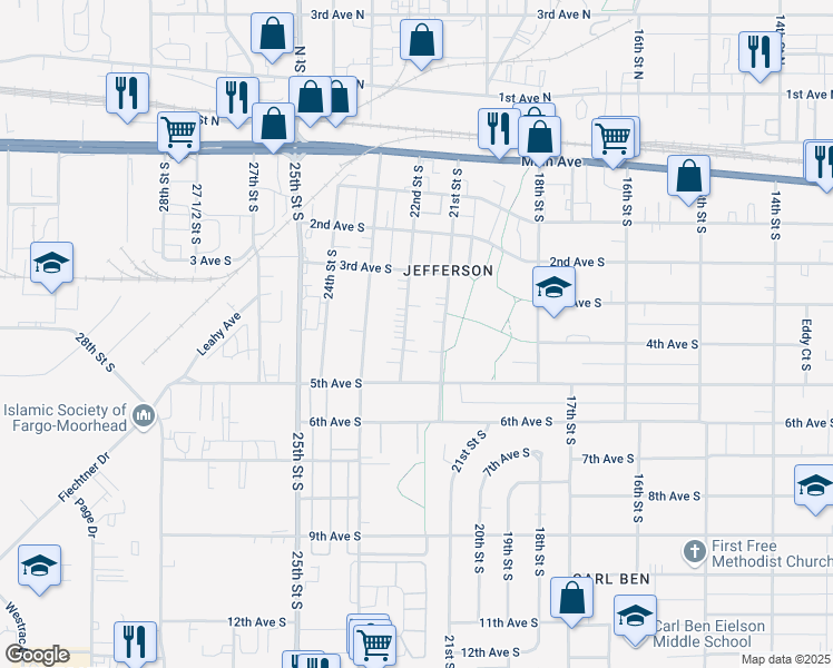 map of restaurants, bars, coffee shops, grocery stores, and more near 418 22nd Street South in Fargo