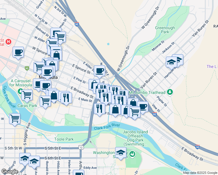 map of restaurants, bars, coffee shops, grocery stores, and more near 700 East Broadway Street in Missoula