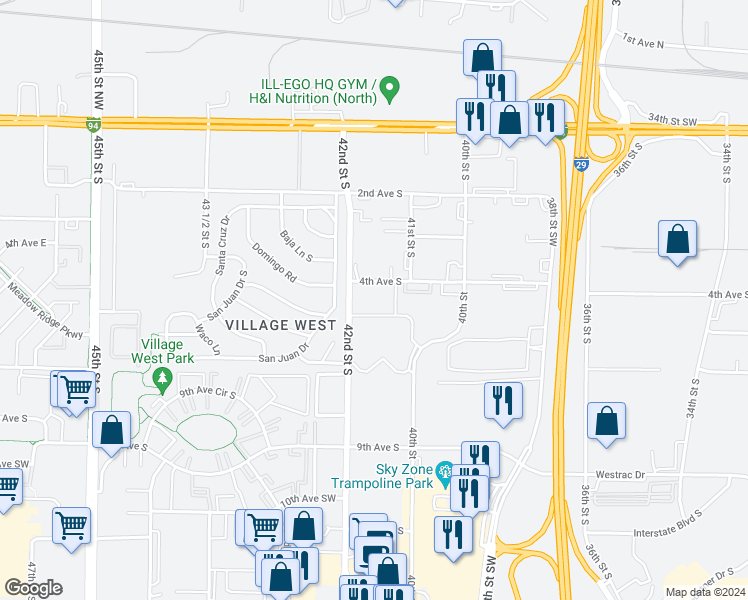 map of restaurants, bars, coffee shops, grocery stores, and more near 555 40th Street South in Fargo