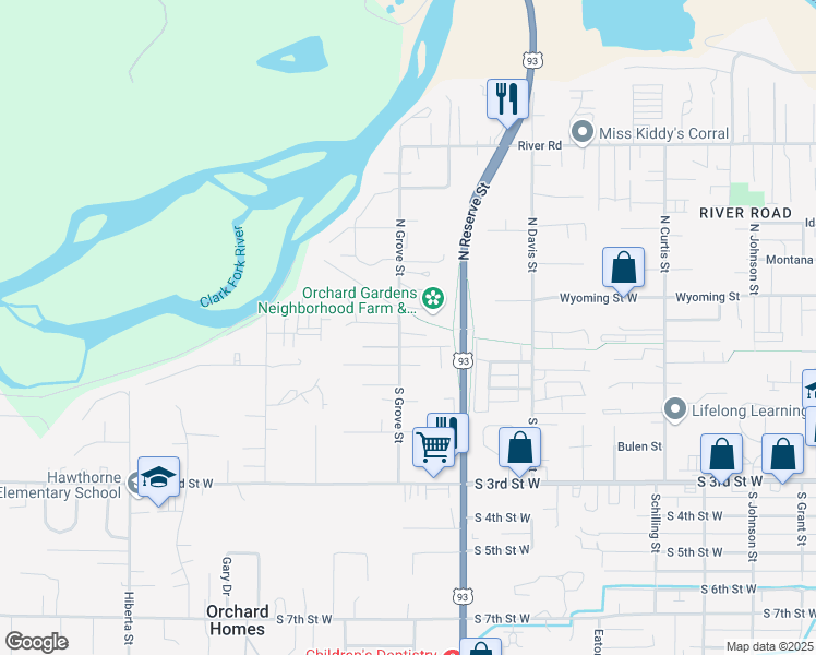 map of restaurants, bars, coffee shops, grocery stores, and more near 100 S Grove St in Missoula