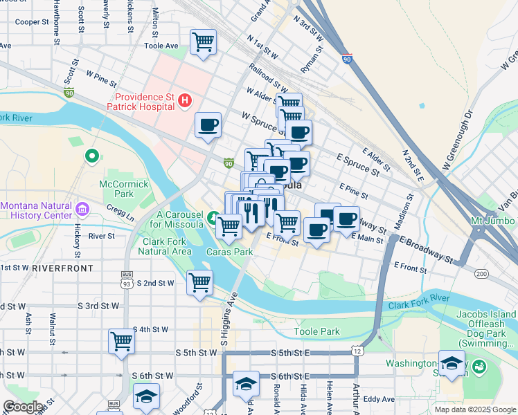 map of restaurants, bars, coffee shops, grocery stores, and more near 115 West Main Street in Missoula