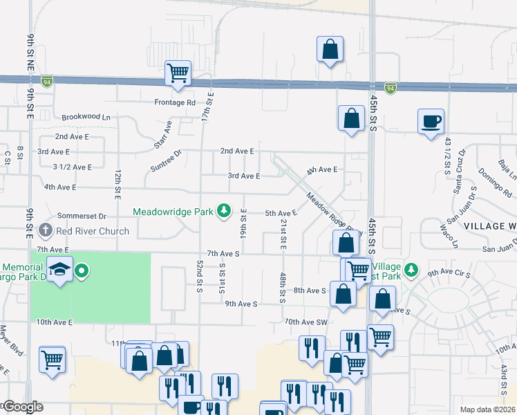 map of restaurants, bars, coffee shops, grocery stores, and more near 2000 6th Avenue East in West Fargo