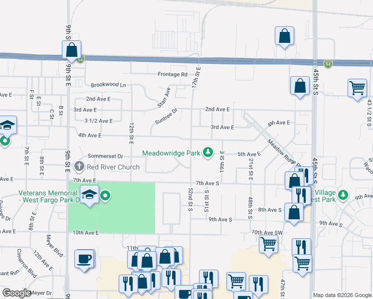map of restaurants, bars, coffee shops, grocery stores, and more near 1600-1698 Sommerset Dr in West Fargo