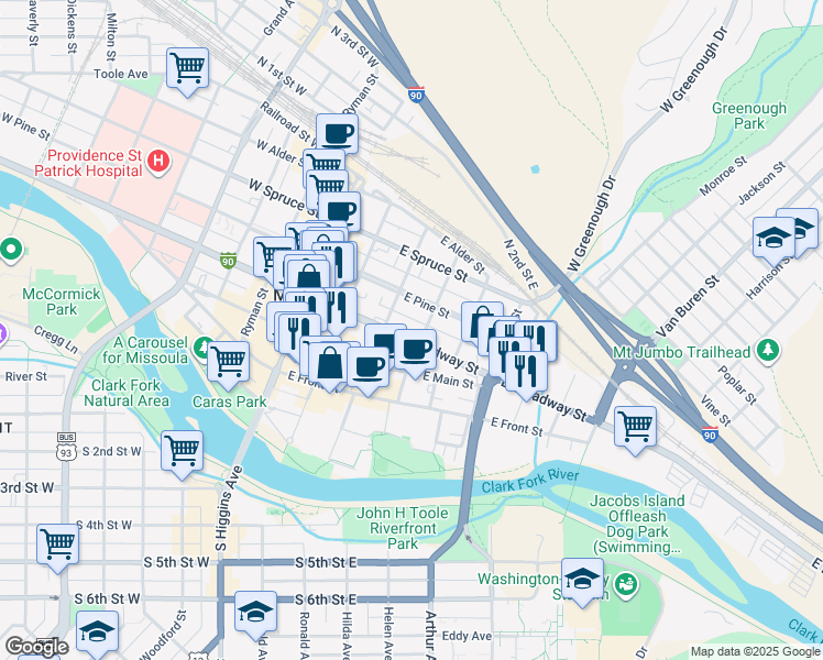 map of restaurants, bars, coffee shops, grocery stores, and more near 200 North Adams Street in Missoula