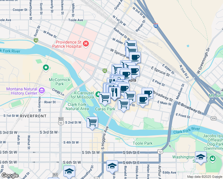 map of restaurants, bars, coffee shops, grocery stores, and more near 115 West Main Street in Missoula