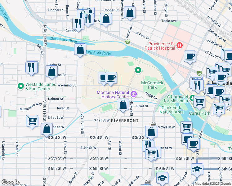 map of restaurants, bars, coffee shops, grocery stores, and more near Milwaukee Trail in Missoula