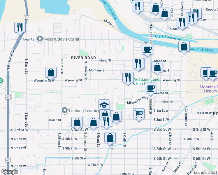 map of restaurants, bars, coffee shops, grocery stores, and more near 112 South Garfield Street in Missoula