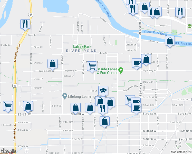 map of restaurants, bars, coffee shops, grocery stores, and more near 116 North Grant Street in Missoula