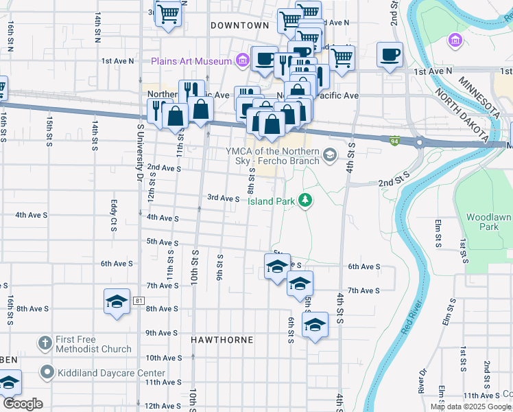 map of restaurants, bars, coffee shops, grocery stores, and more near 325 7th Street South in Fargo
