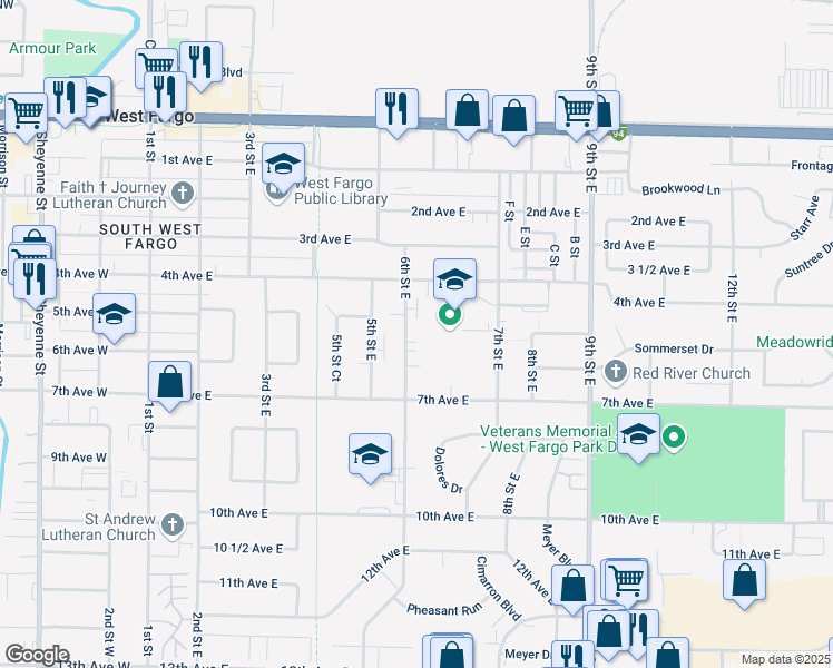 map of restaurants, bars, coffee shops, grocery stores, and more near 601 6th Street East in West Fargo