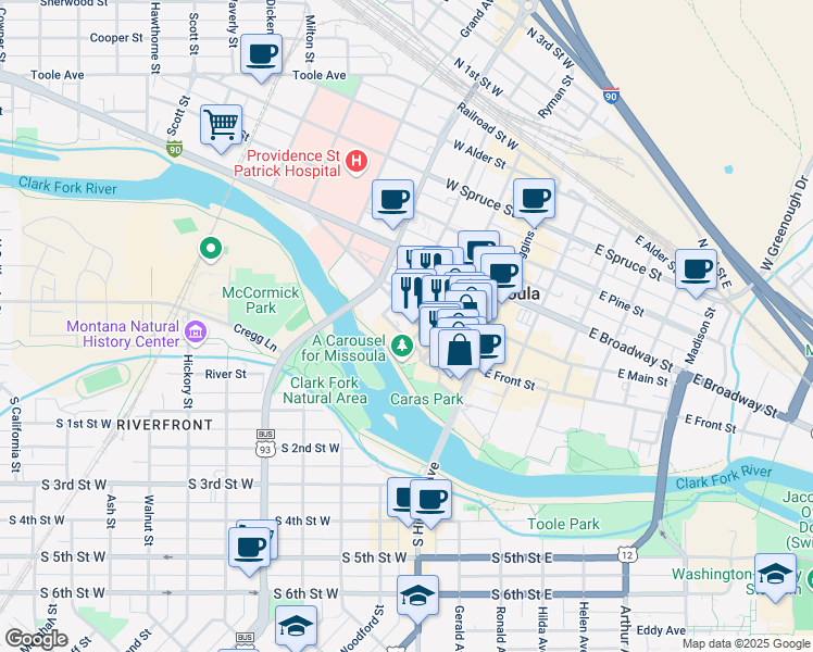 map of restaurants, bars, coffee shops, grocery stores, and more near 101 Carousel Drive in Missoula