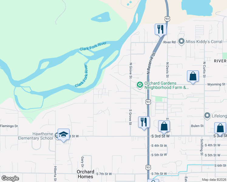 map of restaurants, bars, coffee shops, grocery stores, and more near 277 Everett Court in Missoula