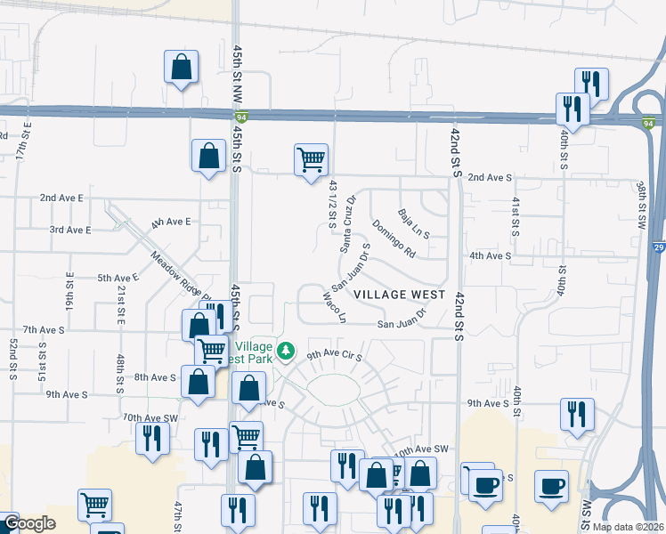 map of restaurants, bars, coffee shops, grocery stores, and more near 453-543 Santa Cruz Drive in Fargo