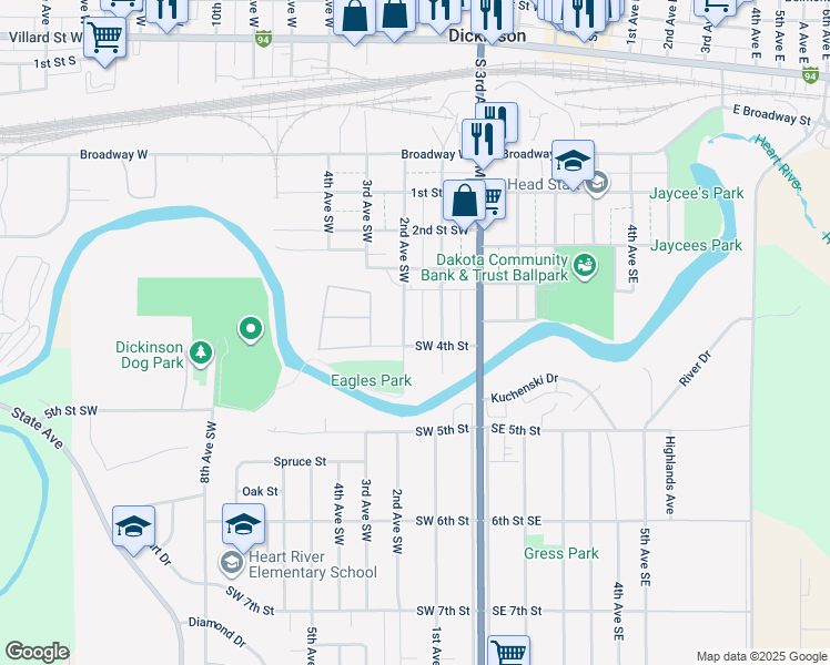 map of restaurants, bars, coffee shops, grocery stores, and more near 350 1st Avenue Southeast in Dickinson
