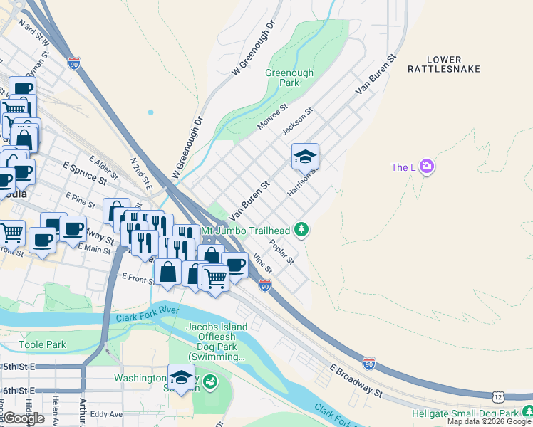 map of restaurants, bars, coffee shops, grocery stores, and more near 925 Locust Street in Missoula