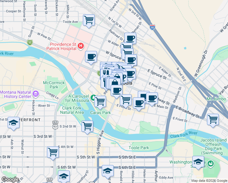 map of restaurants, bars, coffee shops, grocery stores, and more near 123 West Broadway Street in Missoula